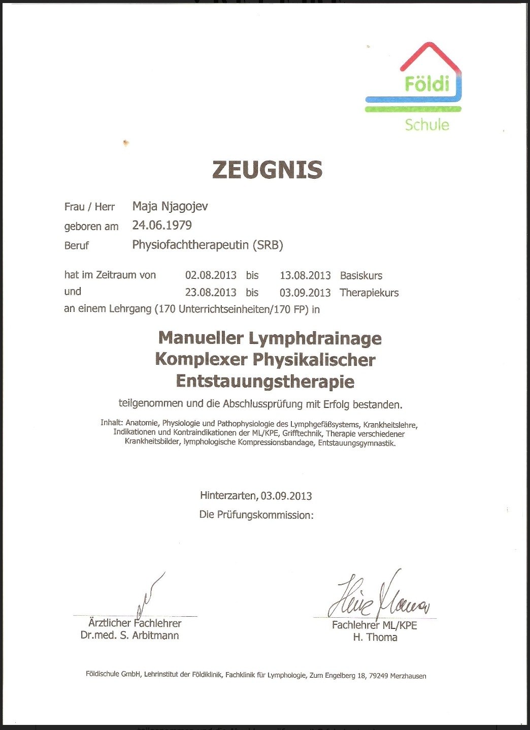 Zeugnis - originalni nemački sertifikat, Földi Schule